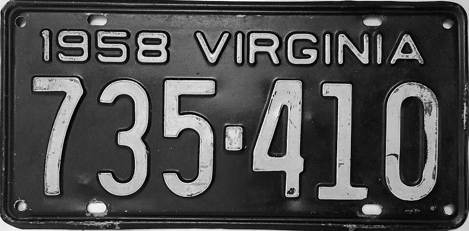 A black 1958 Virginia license plate with white numbers
