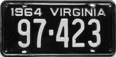 A black 1964 Virginia license plate with white numbers