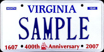 A white Virginia sample plate marked 1607, 400th Anniversary, 2007
