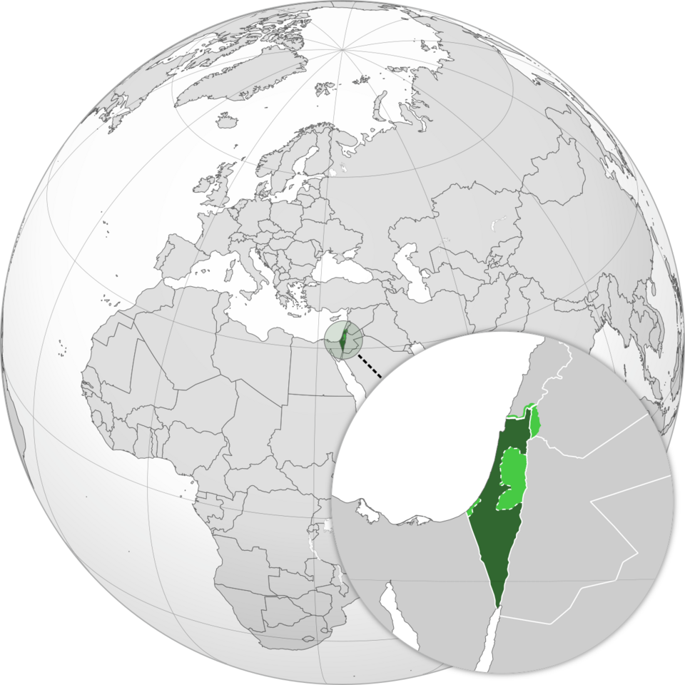 Globe centered on Israel, showing its location in the Middle East